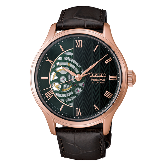Seiko Presage Japanese Garden HCB007 green dial rose gold-tone automatic, front view