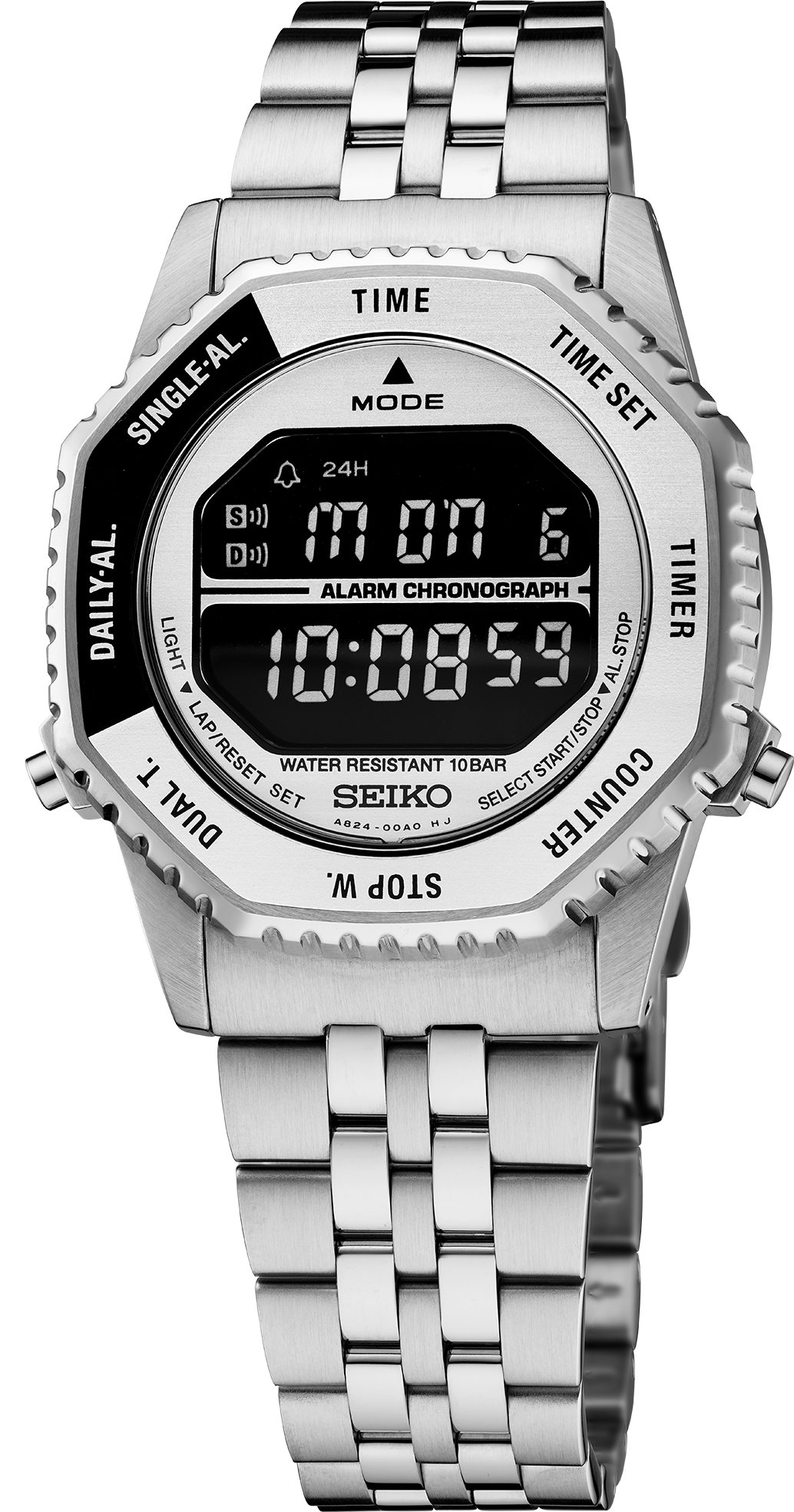 Seiko Rotocall HFL002 digital watch with black and silver-tone bezel, front view
