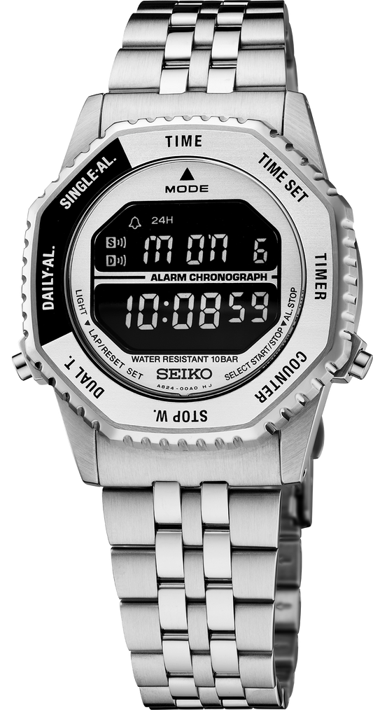 Seiko Rotocall HFL002 digital watch with black and silver-tone bezel, front view