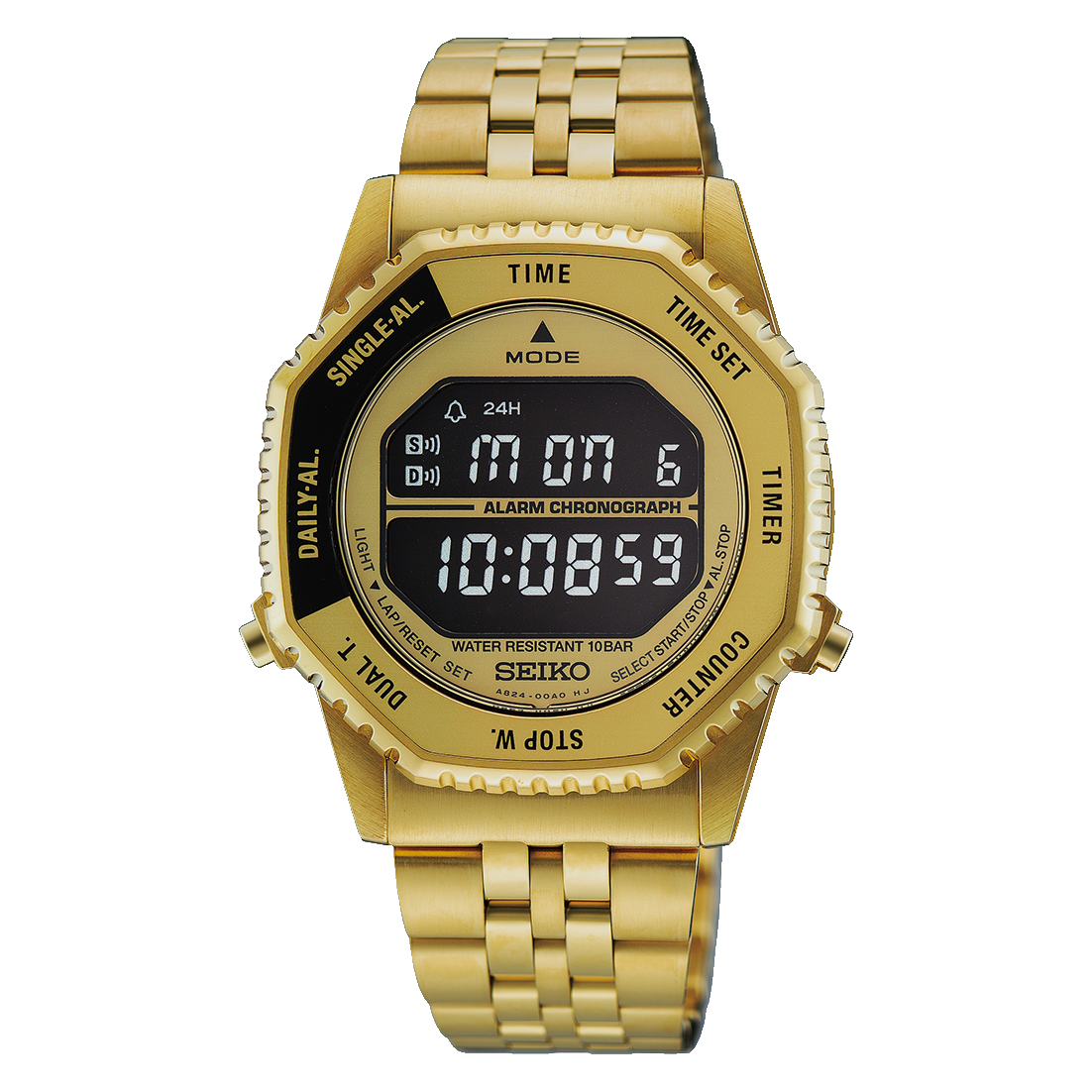 Seiko Rotocall HFL003 gold-tone digital watch, front view