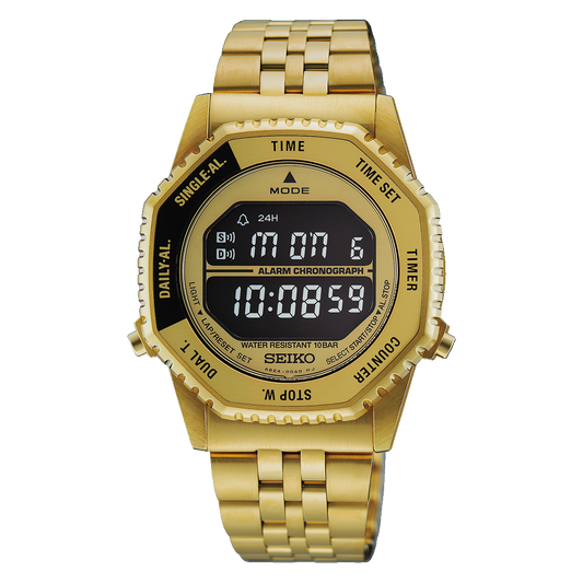 Seiko Rotocall HFL003 gold-tone digital watch, front view