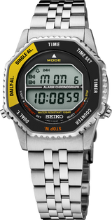 Seiko Rotocall SMGG17 digital watch with black and yellow octagonal bezel, front view