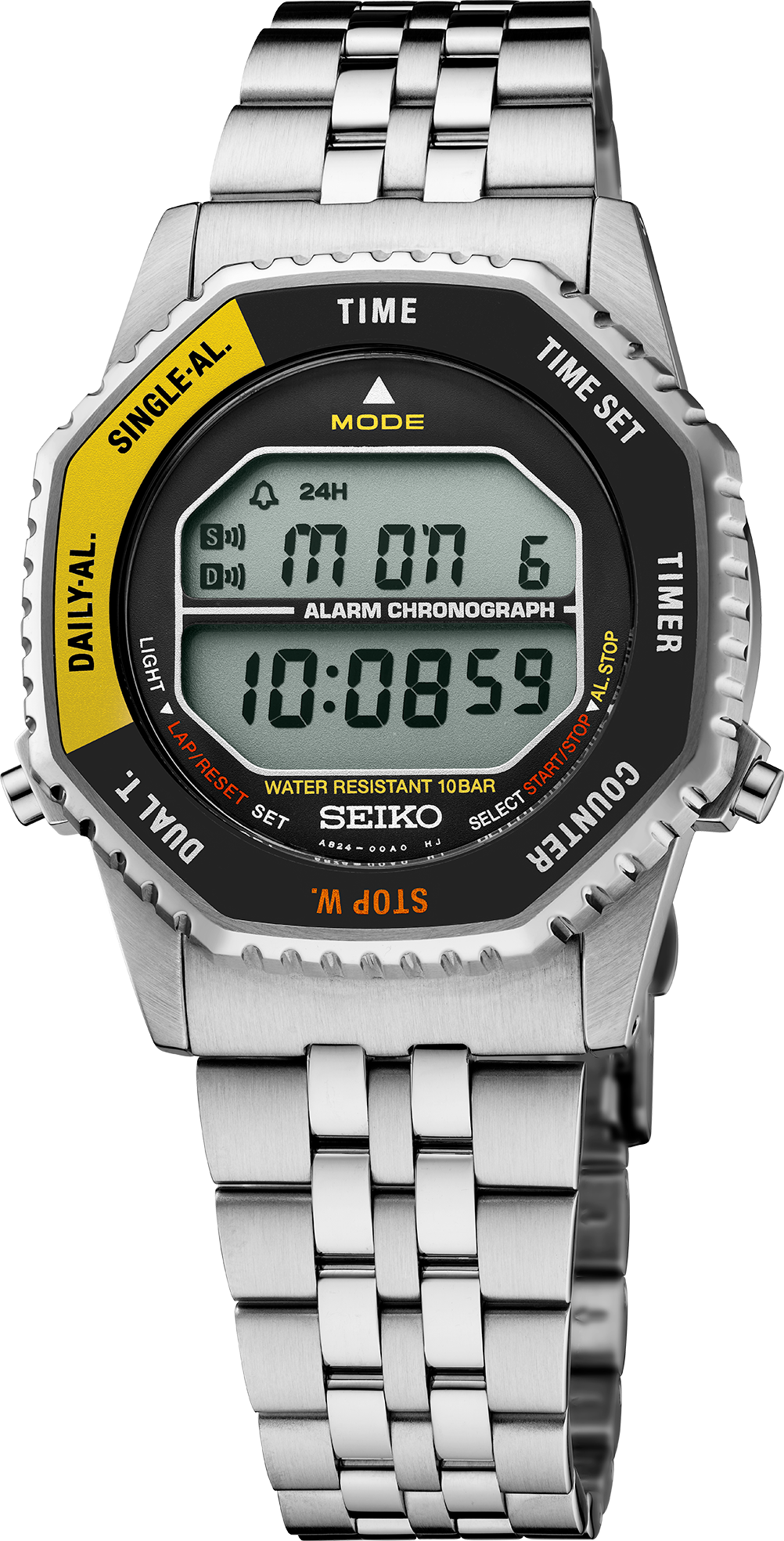 Seiko Rotocall SMGG17 digital watch with black and yellow octagonal bezel, front view