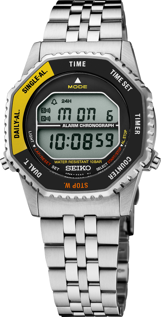 Seiko Rotocall SMGG17 digital watch with black and yellow octagonal bezel, front view