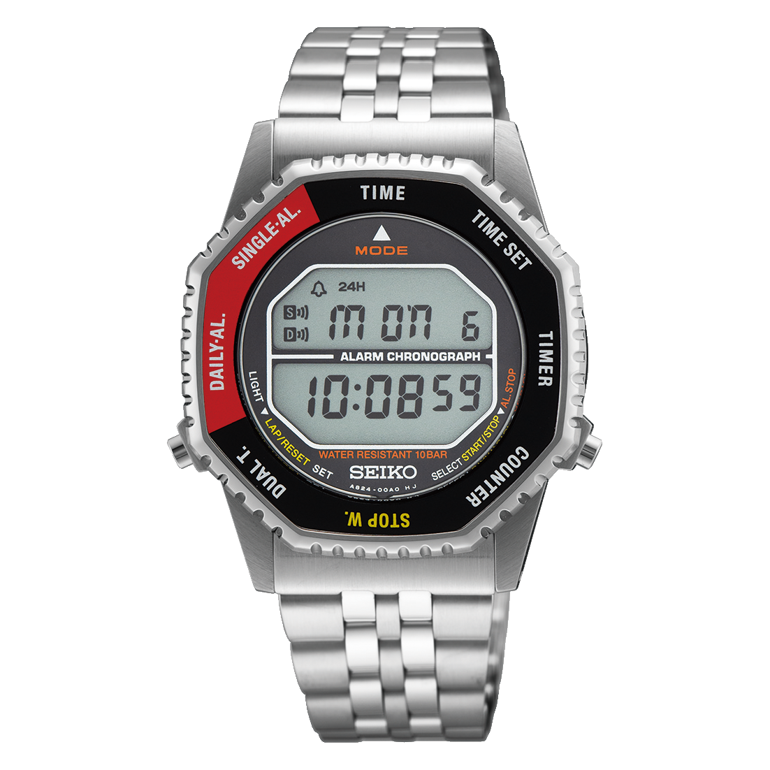 Seiko Rotocall SMGG19 digital watch with black and red octagonal bezel, front view