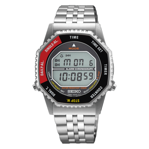 Seiko Rotocall SMGG19 digital watch with black and red octagonal bezel, front view