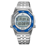 Seiko Rotocall SMGG21 digital watch with blue and gray bezel, front view
