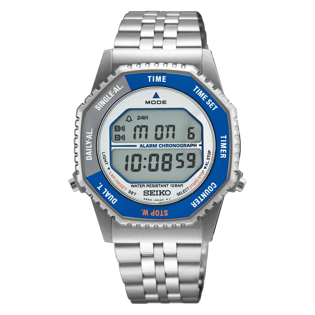 Seiko Rotocall SMGG21 digital watch with blue and gray bezel, front view