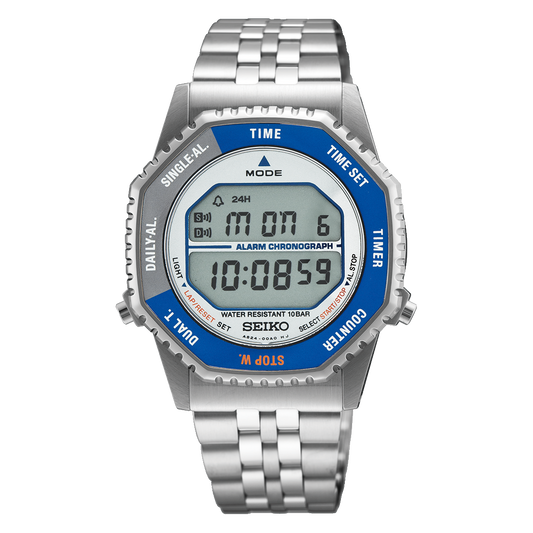 Seiko Rotocall SMGG21 digital watch with blue and gray bezel, front view
