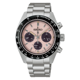 Seiko Prospex Speedtimer SSC963 chronograph with pink dial, black subdials and silver-tone bracelet, front view