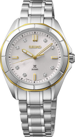 Seiko Prospex Sea SUR618 ladies' silver dial two-tone dive watch, front view