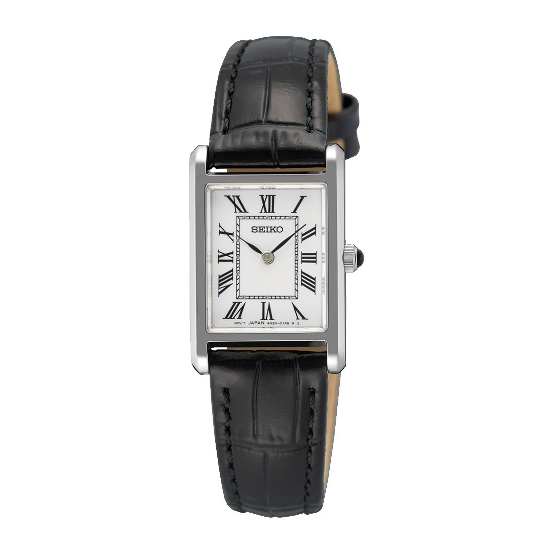 Seiko Essentials SWR107 ladies' quartz watch with leather strap, front view