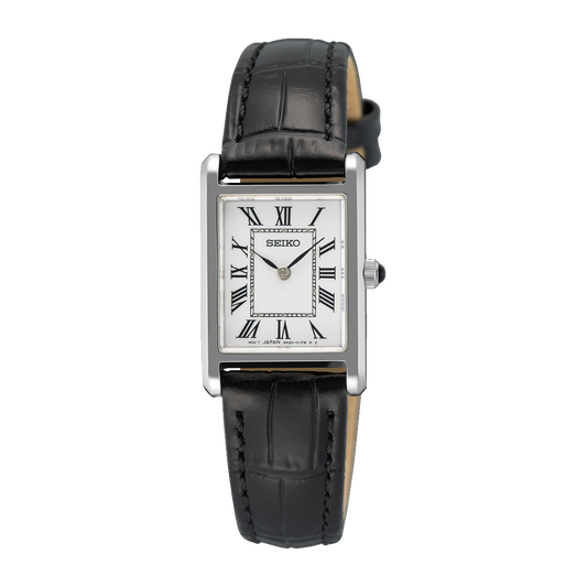 Seiko Essentials SWR107 ladies' quartz watch with leather strap, front view