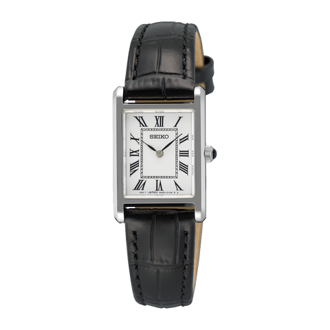Seiko Essentials SWR107 ladies' quartz watch with leather strap, front view