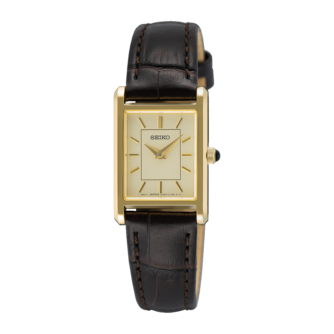 Seiko Essentials SWR110 ladies' gold-tone quartz watch with leather strap, front view