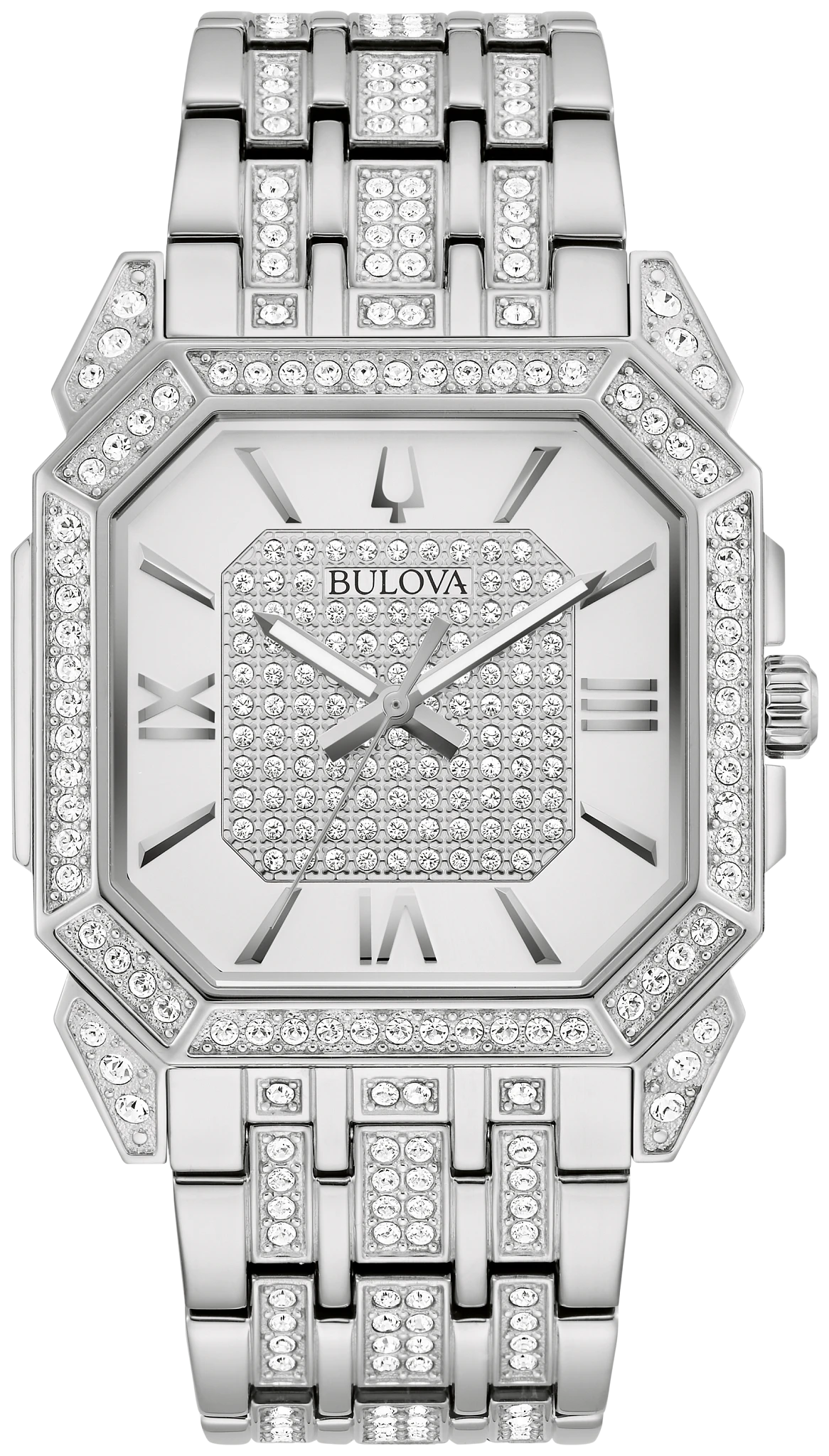 Bulova Octava 96A285 silver-tone crystal watch, front view