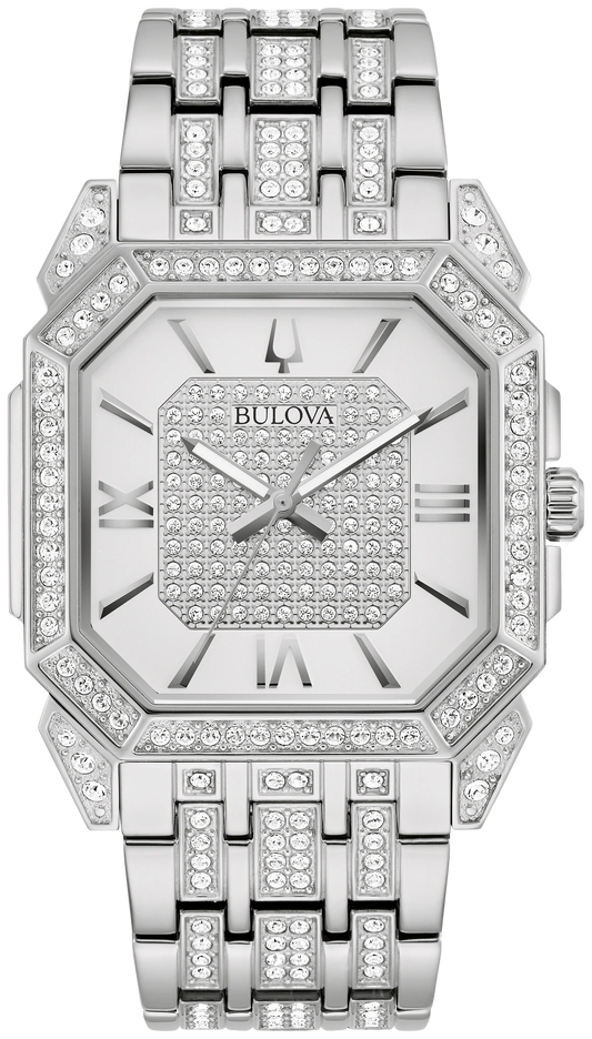 Bulova Octava 96A285 silver-tone crystal watch, front view