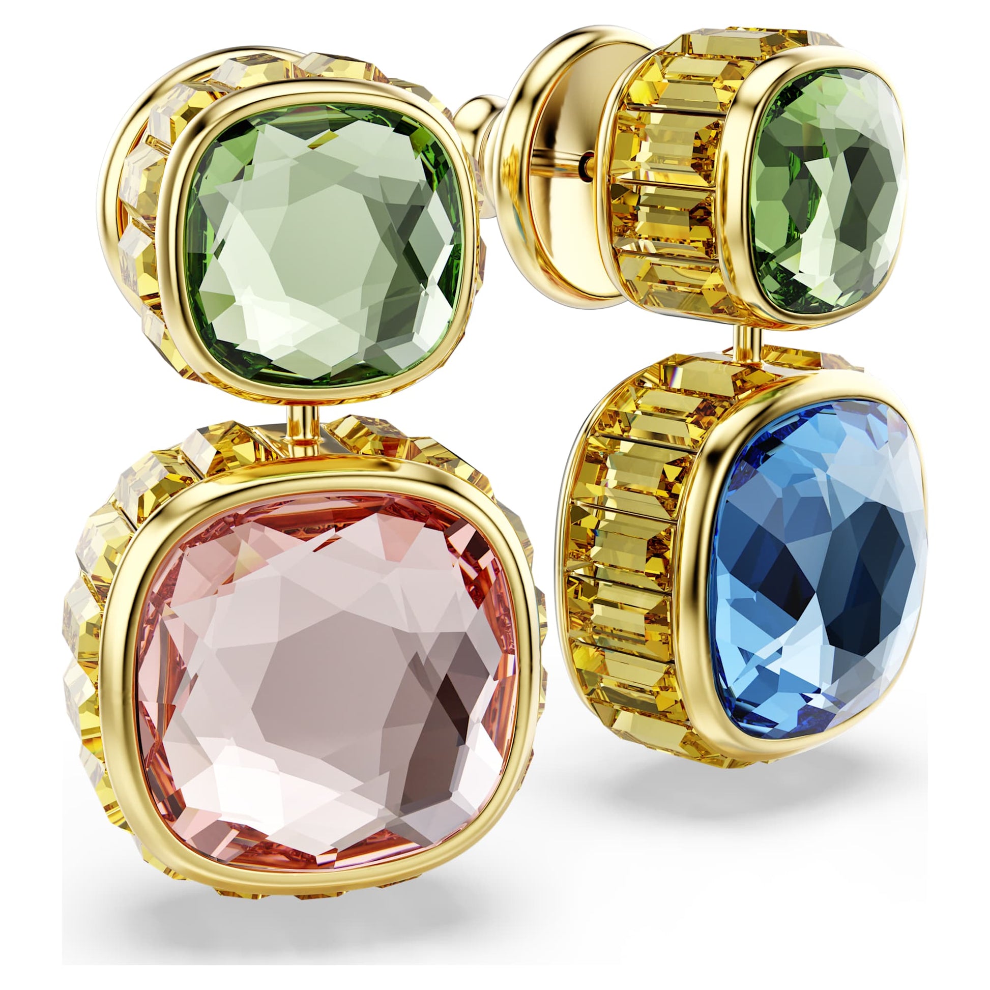 Swarovski Chroma drop earrings Cushion cut, Multicolored, Gold-tone plated 5692492