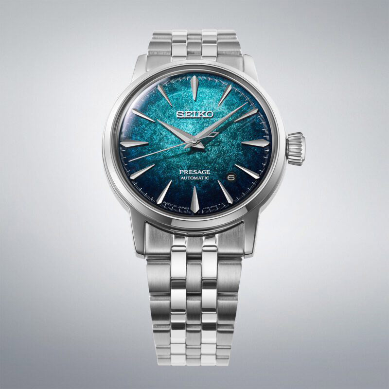 Seiko Presage Cocktail Time HCB001 angled view highlighting the blue textured dial and stainless steel case