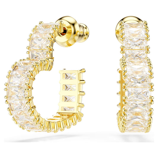 Swarovski Jewelry Matrix hoop earrings Baguette cut, Heart, Small, White, Gold-tone plated 5693512