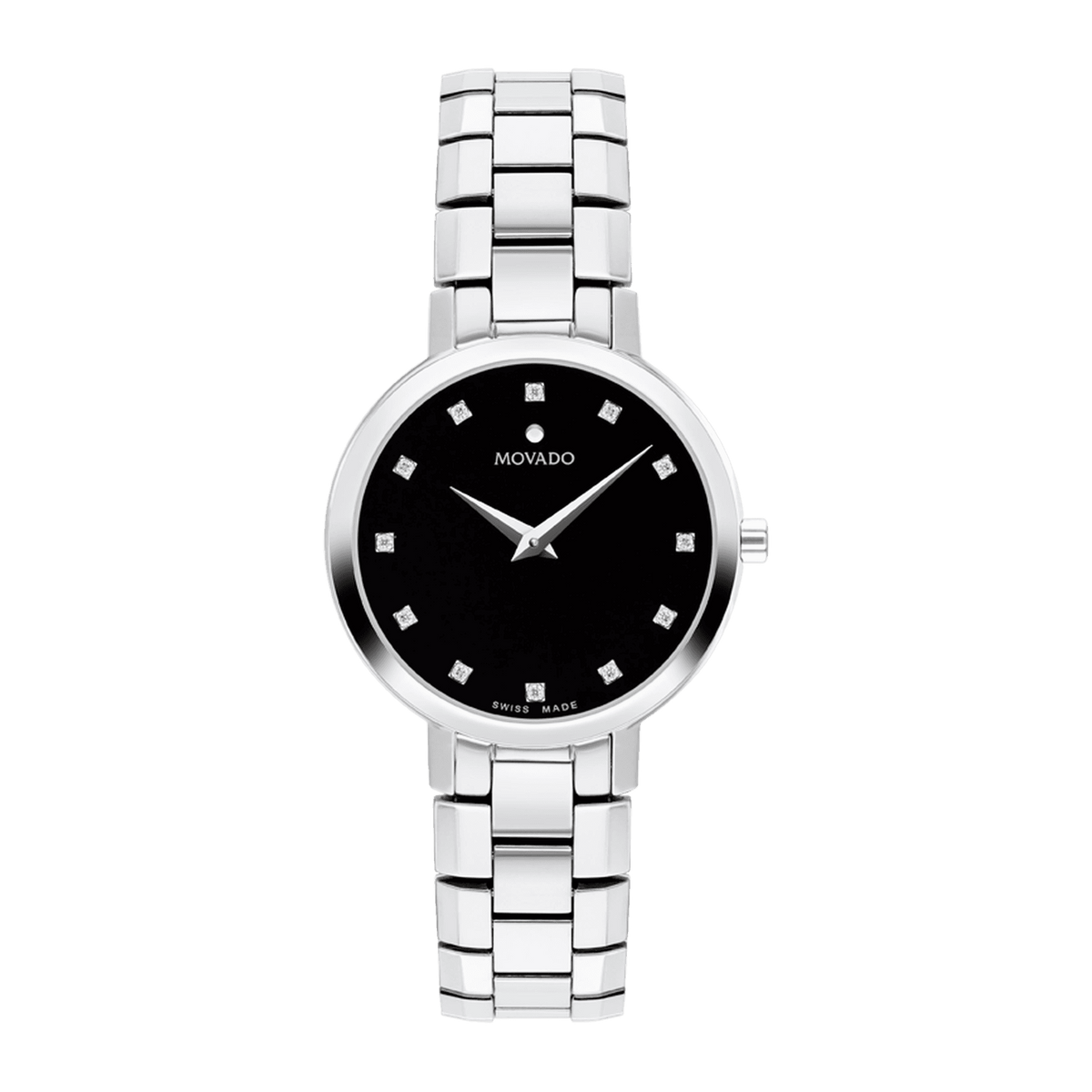 Movado Faceto 607866, centered front view with complete bracelet