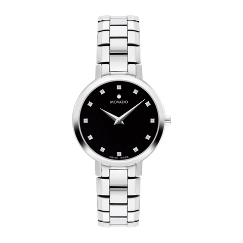 Movado Faceto 607866, centered front view with complete bracelet
