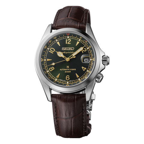 Seiko Prospex Alpinist SPB507, complete watch on square white canvas