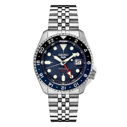 Seiko 5 Sports SKX Sports Style GMT Series SSK003, complete watch on square white canvas