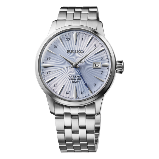 Seiko Presage Cocktail Time GMT SSK037, complete watch on square white canvas
