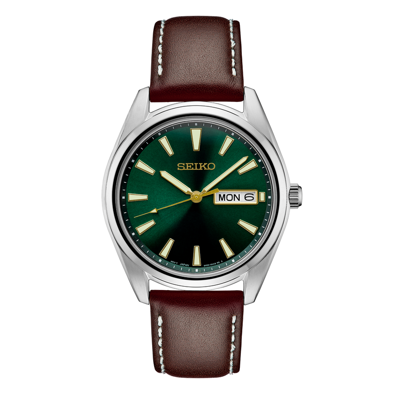 Seiko Essentials Collection SUR449, complete watch on square white canvas