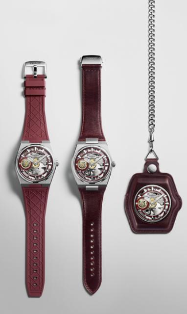 Tissot PRX Skeleton Damian Lillard shown on rubber and leather straps and inside the leather pocket-watch case with chain