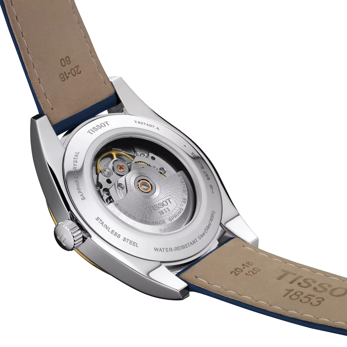 Tissot Gentleman T927.407.46.041.01 close-up of the exhibition caseback and Powermatic 80 movement