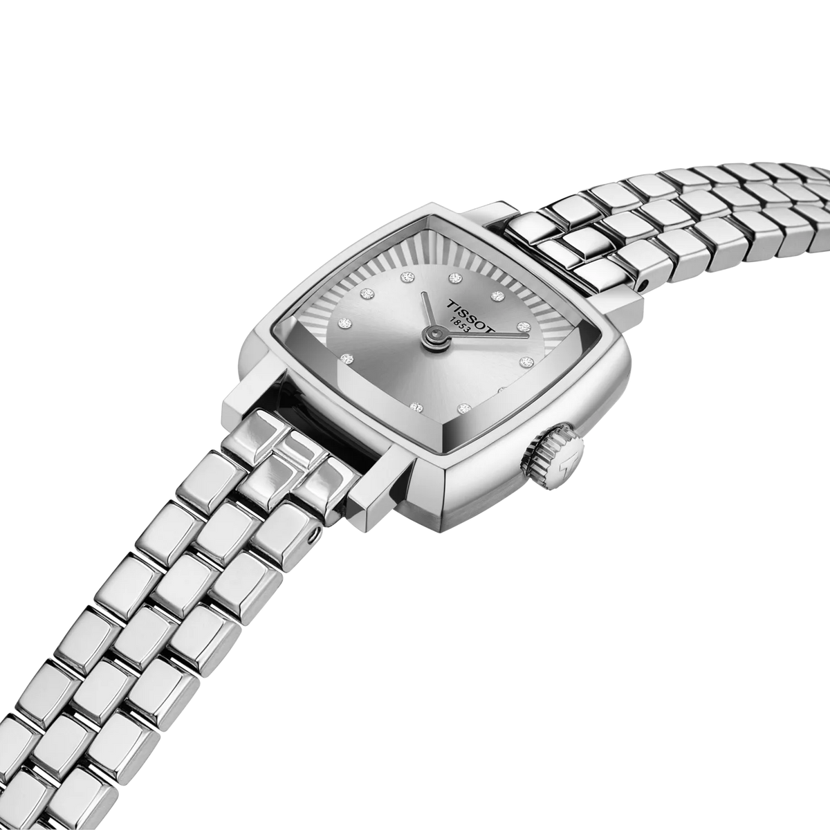 Tissot Lovely Square T058.109.11.036.01 close-up of the silver dial, diamond hour markers and stainless steel bracelet